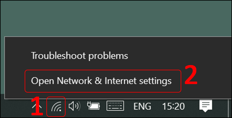 Bấm chuột phải vào biểu tượng Wifi trên thanh Taskbar > Chọn Open Network & Internet settings.